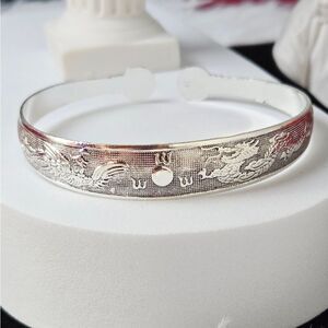 Phoenix & Dragon Engraved Silver Stainless Steel Open Bangle Bracelet Boho Cuff